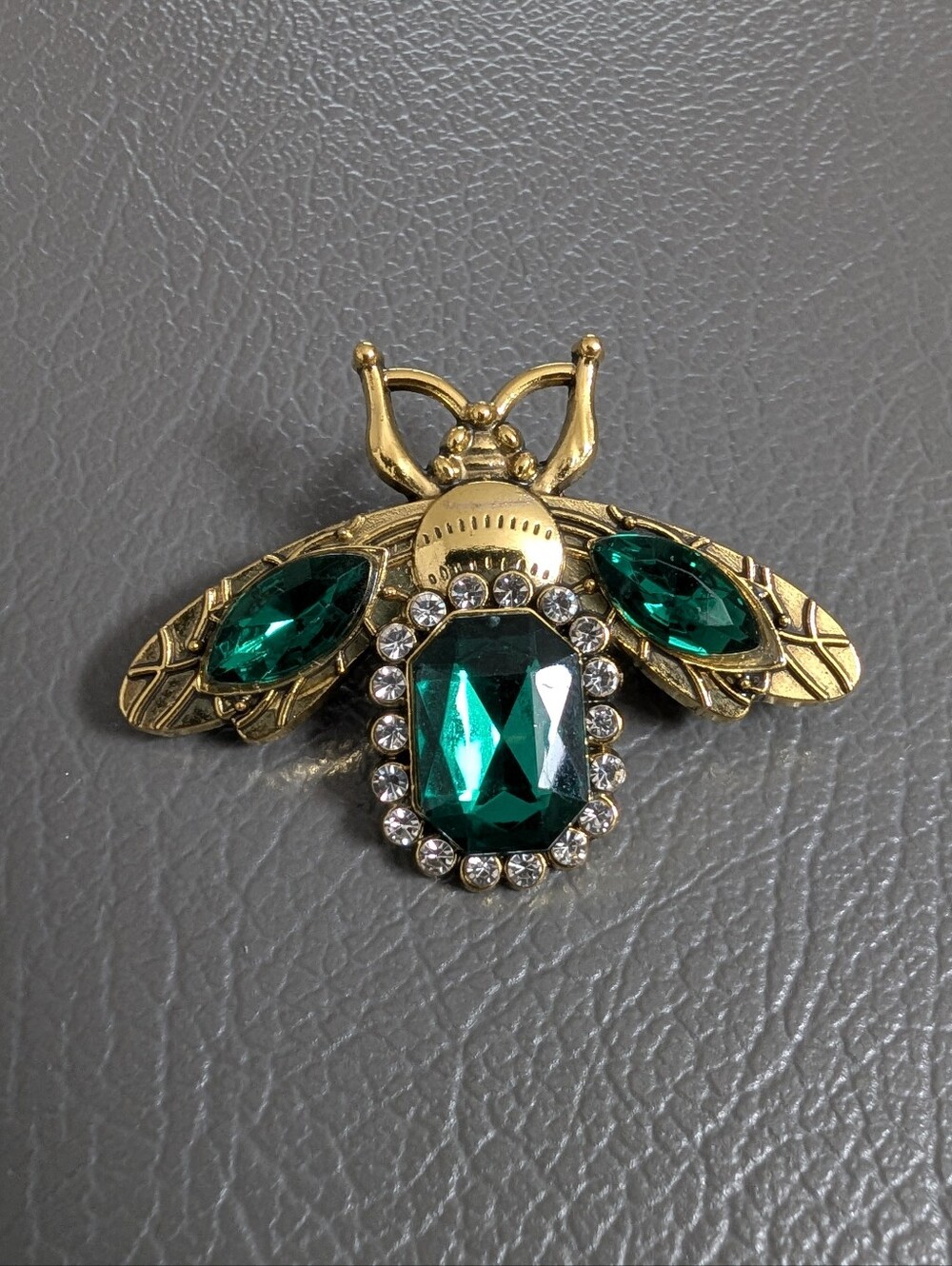 Vintage Gold Bee Brooch with Emerald Green Jewel Crystals